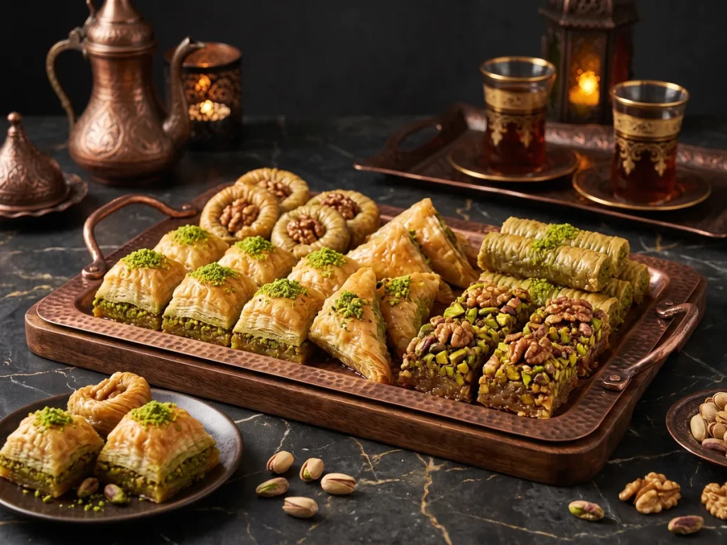 Tablett mit verschiedenen Baklava-Sorten mit Pistazien und Walnüssen