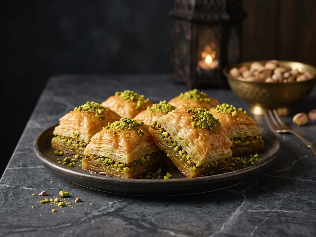 بقلاوة بالفستق على طبق