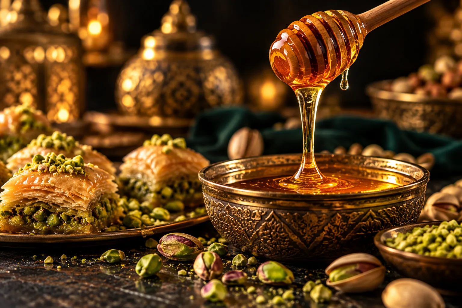 عسل يقطر في وعاء نحاسي، وبجانبه بقلاوة وفستق
