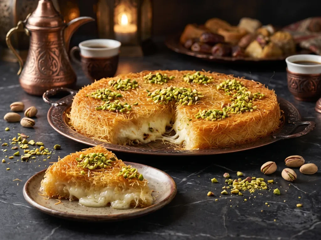 Kunafa mit Pistazien, ein Stück angeschnitten