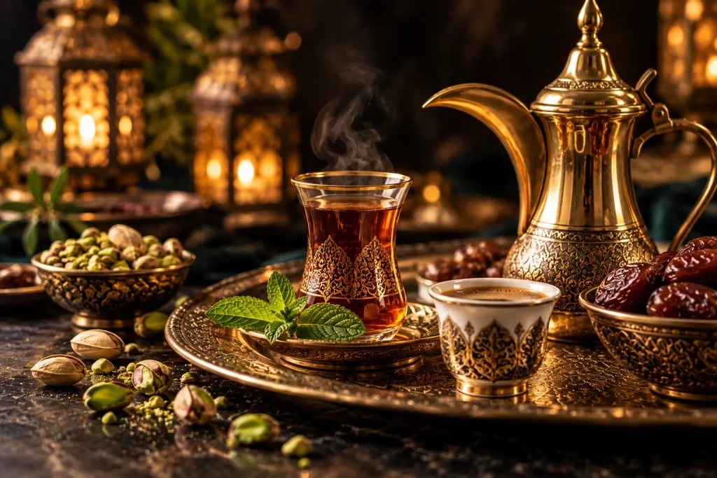 Tee im Glas, arabischer Kaffee, Datteln und Pistazien